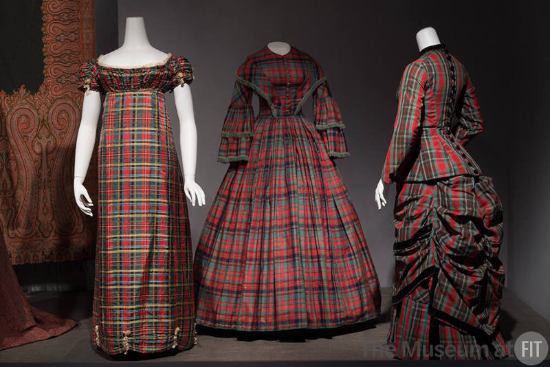 Trendology_09 Left to right 68.175.1 (shawl wall), P88.9.1 (dress), 70.15.15 (full skirt dress), P88.22.1 (bustle dress)