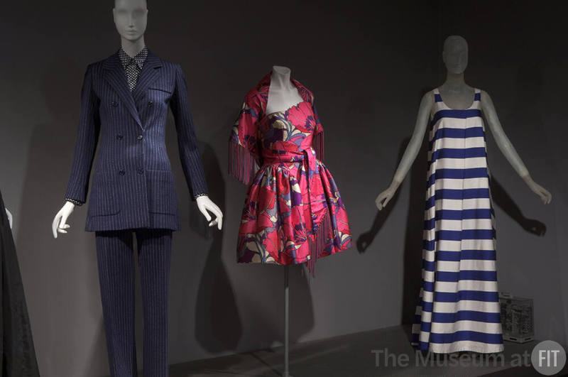 Fashion A-Z (II)_39 Left to right 78.57.6 (suit), 75.92.1 (dress), 2011.40.2 (striped dress)