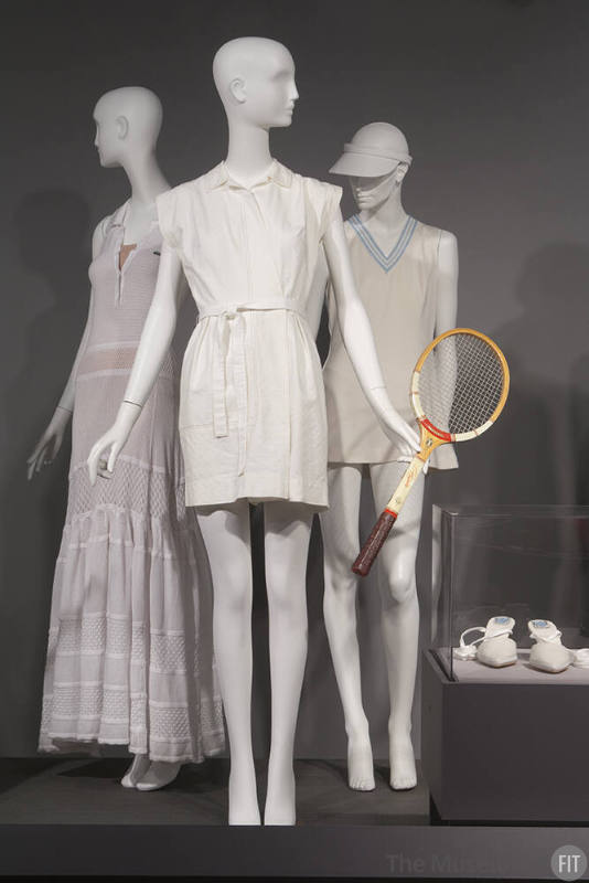 Sporting Life_08 Left to right 2011.10.1 (dress), 72.61.92 and 89.113.2  (romper and racket), 95.29.1 (dress), 98.48.3 (shoes case)