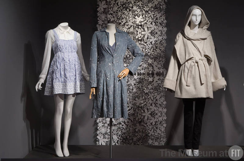 Eco-Fashion_03 Left to right 2010.43.1 (dress), 2010.19.1 (ensemble), 2005.27.1 (textile wall), 2010.16.1 (coat ensemble)