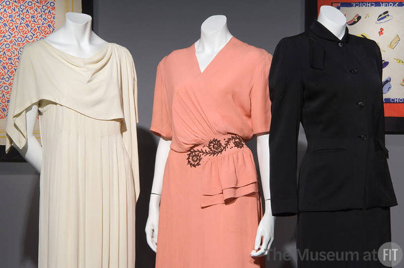 Fashion and Politics_40 Left to right 81.30.4 (capelet dress), 2004.47.1 (dress), 71.224.1 (suit)