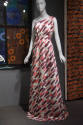 Alternate view of white, pink and purple one shoulder evening gown on a different mannequin 