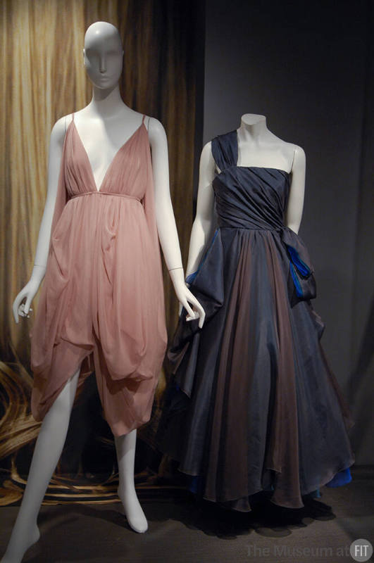 Seduction_41Left to right 2005.24.1A & B (textile wall), 2008.76.3 (pink dress), 2008.63.2 (gown)