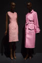 Pink sleeveless knee length dress with trapunto quilting throughout and pink faux ostrich trenc…
