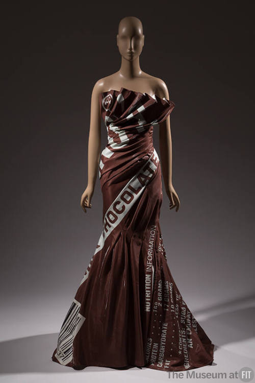 Brown and grey strapless dress with Chocolate Bar print, gathered bodice, floor-length with tru…