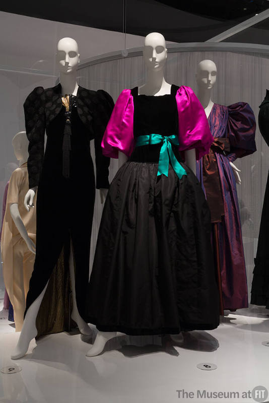 YSL+Halston_24 Left to right 91.235.27 (dress with jacket), 84.145.1 (pink sleeve gown), 82.234.1 (purple gown)