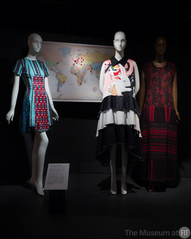 Exhibitionism_7 Left to right 2015.6.1 (beaded dress), 2015.2.1 (dress), 2015.30.1 (red and black dress)