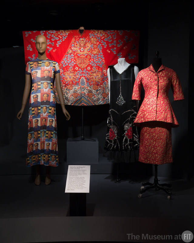 Exhibitionism_9 Left to right 95.82.6 (dress), 69.212.2 (robe wall), 70.6.2 (dress), 92.145.1 (suit)