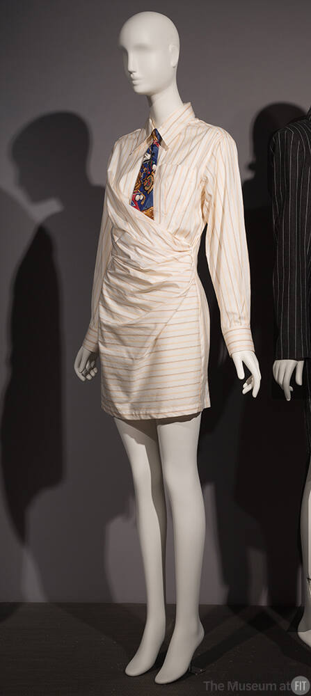 Off-white cotton with beige pinstripes mini shirt dress with long sleeves and multicolor tie