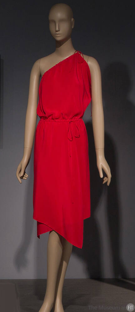Red draped halter dress with drawstring waist and asymmetrical skirt