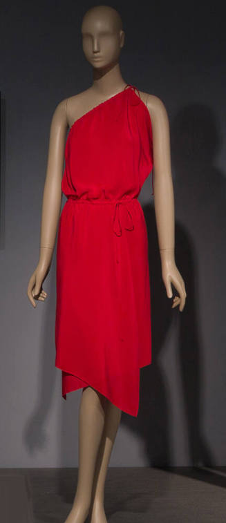 Red draped halter dress with drawstring waist and asymmetrical skirt