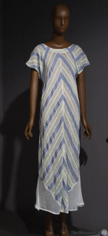 Semi-sheer short sleeve ankle length dress with chevron stripe pattern in grey, white and neon …
