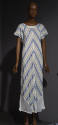 Semi-sheer short sleeve ankle length dress with chevron stripe pattern in grey, white and neon …