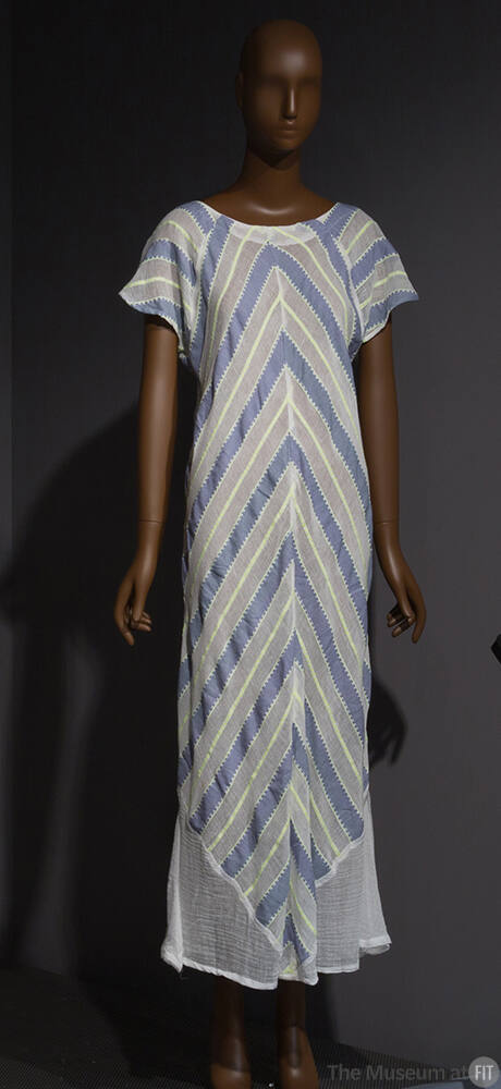 Semi-sheer short sleeve ankle length dress with chevron stripe pattern in grey, white and neon …