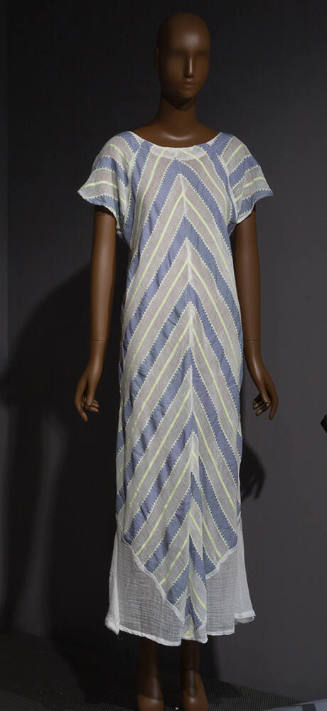 Semi-sheer short sleeve ankle length dress with chevron stripe pattern in grey, white and neon …