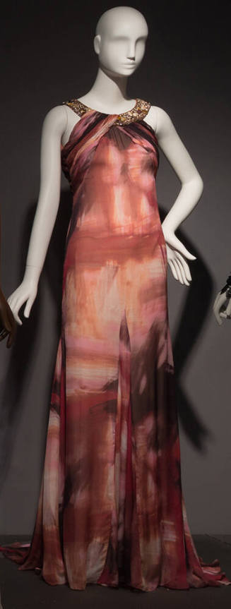 Brown and pink abstract print floor length evening gown with halter necklace embellished with b…