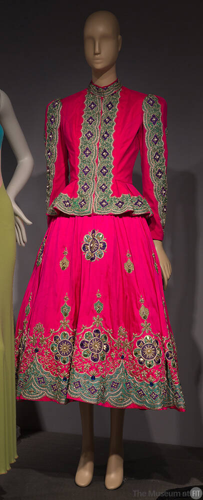 Fuchsia evening set of jacket with green, purple and gold thread embroidered trim with beading …