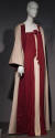 Burgundy and taupe vertical striped strapless floor length gown with tie front and matching flo…