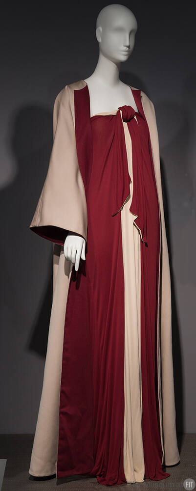 Burgundy and taupe vertical striped strapless floor length gown with tie front and matching flo…