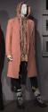 Man’s beige notch collar coat, tan jacket with hood, blue distressed denim jeans and blue hikin…