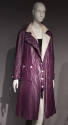Purple crinkled knee length coat with notched lapels, white button closure, front patch pocket …