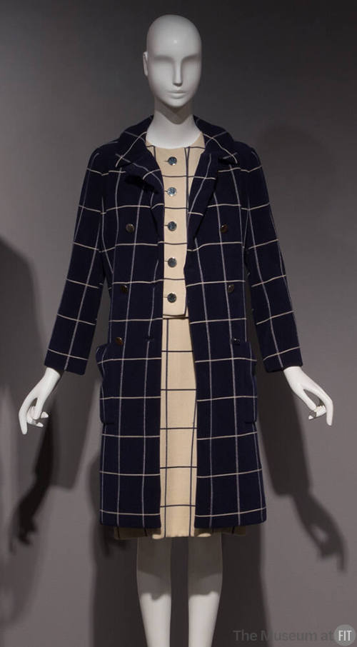 Navy blue coat with cream window pane check, coordinating cream bodice and underdress
