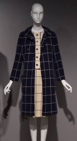 Navy blue coat with cream window pane check, coordinating cream bodice and underdress
